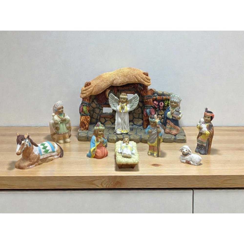 Nativity Set‎ Native American Theme Ceramic Indian 10 Piece Set With Manger